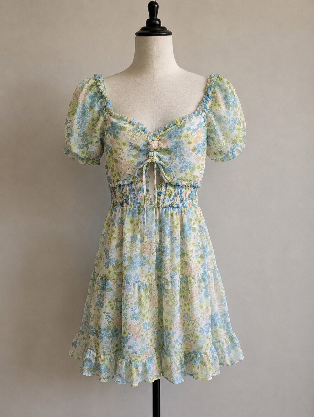 Puff-Sleeve Floral Mini Dress in Floral Pastel Blue, Green and White